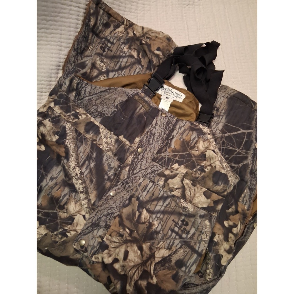 Vintage 2002 Columbia Mossy Oak Break Up Hunting Bibs Men XL Omni Shield Camo